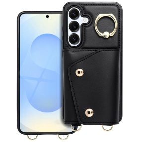   Wonder Samsung Galaxy A55 5G kártyatartós tok gyűrűs kitámasztóval, csuklóra / vállra akasztható pánttal, fekete
