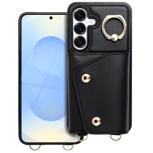 Wonder Samsung Galaxy S25 Ultra kártyatartós tok gyűrűs kitámasztóval, csuklóra / vállra akasztható pánttal, fekete