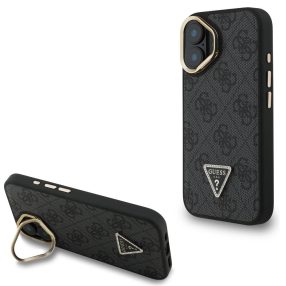   Guess PU 4G Strass Triangle Logo Apple iPhone 16 MagSafe tok kitámasztható kamera peremmel, fekete-arany