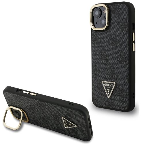 Guess PU 4G Strass Triangle Logo Apple iPhone 14 MagSafe tok kitámasztható kamera peremmel, fekete-arany