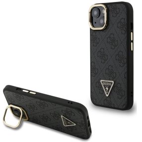   Guess PU 4G Strass Triangle Logo Apple iPhone 15 MagSafe tok kitámasztható kamera peremmel, fekete-arany