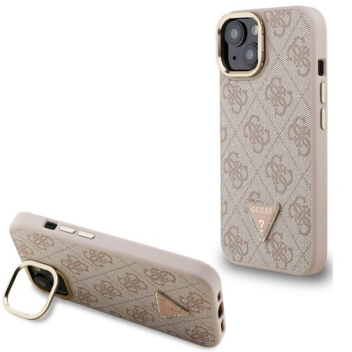 Guess PU 4G Strass Triangle Logo Apple iPhone 14 MagSafe tok kitámasztható kamera peremmel, rózsaszín-arany