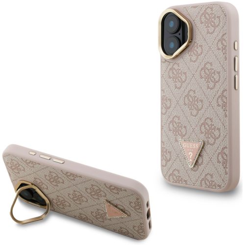 Guess PU 4G Strass Triangle Logo Apple iPhone 16 MagSafe tok kitámasztható kamera peremmel, rózsaszín-arany