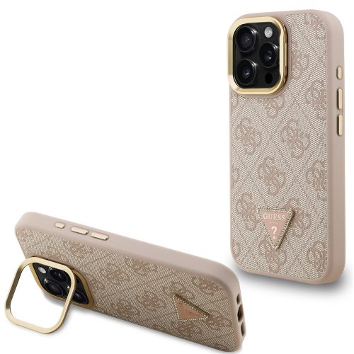 Guess PU 4G Strass Triangle Logo Apple iPhone 16 Pro MagSafe tok kitámasztható kamera peremmel, rózsaszín-arany