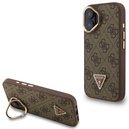 Guess PU 4G Strass Triangle Logo Apple iPhone 16 MagSafe tok kitámasztható kamera peremmel, barna-arany