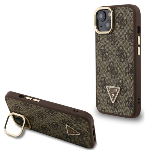 Guess PU 4G Strass Triangle Logo Apple iPhone 14 MagSafe tok kitámasztható kamera peremmel, barna-arany