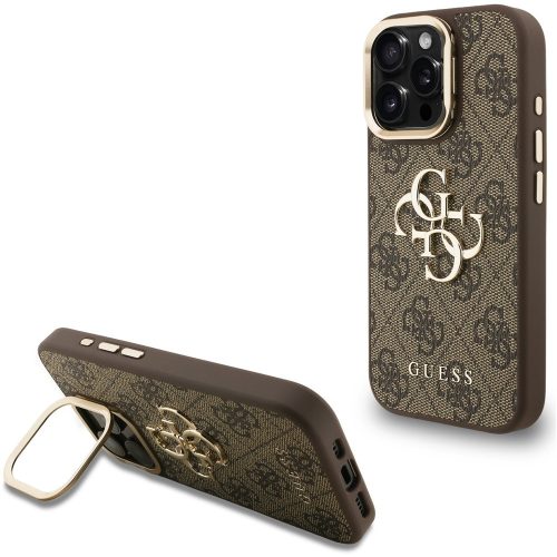 Guess PU 4G Metal Logo Apple iPhone 16 Pro hátlap tok kitámasztható kamera peremmel, barna-arany