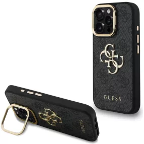   Guess PU 4G Metal Logo Apple iPhone 15 Pro hátlap tok kitámasztható kamera peremmel, fekete-arany