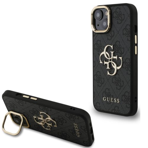 Guess PU 4G Metal Logo Apple iPhone 14 hátlap tok kitámasztható kamera peremmel, fekete-arany