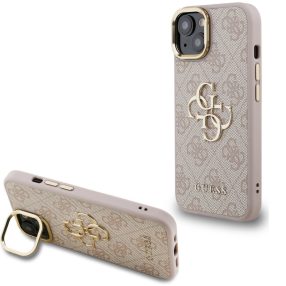   Guess PU 4G Metal Logo Apple iPhone 15 hátlap tok kitámasztható kamera peremmel, rózsaszín-arany
