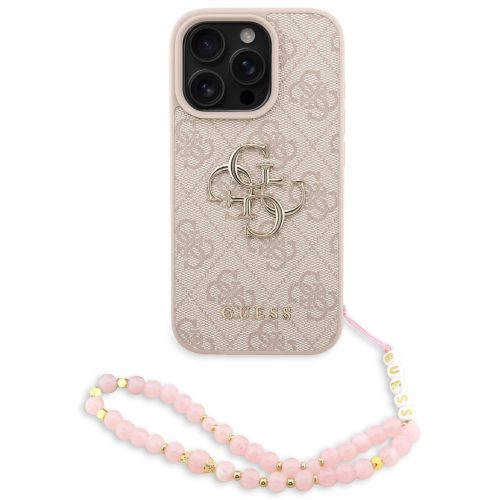 Guess PU 4G Metal Logo Strap Apple iPhone 16 Pro hátlap tok korall színű karpánttal, rózsaszín-arany