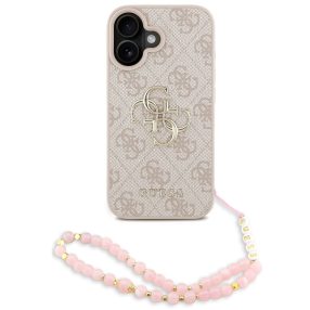   Guess PU 4G Metal Logo Strap Apple iPhone 16 hátlap tok korall színű karpánttal, rózsaszín-arany