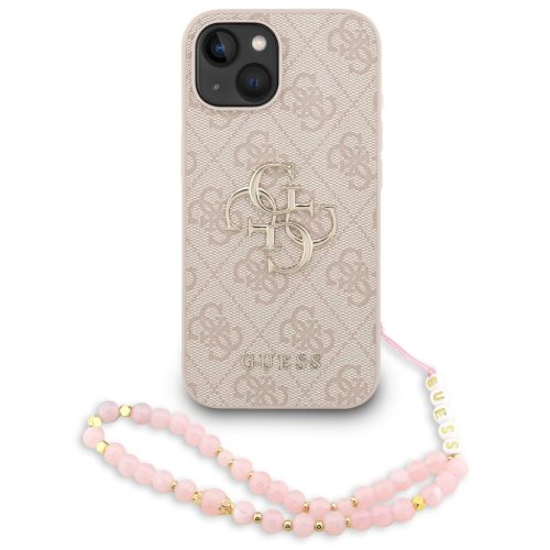Guess PU 4G Metal Logo Strap Apple iPhone 15 hátlap tok korall színű karpánttal, rózsaszín-arany