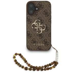   Guess PU 4G Metal Logo Strap Apple iPhone 16 hátlap tok barna színű karpánttal, barna-arany
