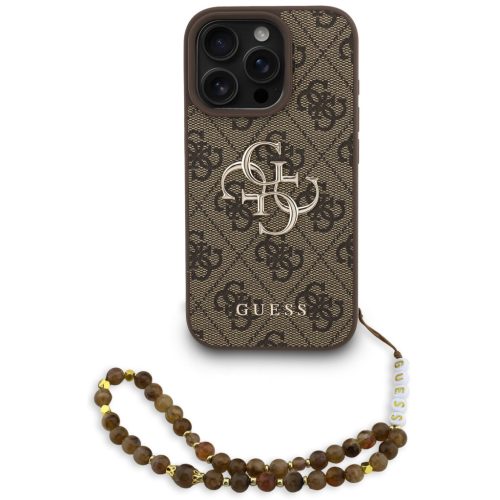 Guess PU 4G Metal Logo Strap Apple iPhone 16 Pro hátlap tok barna színű karpánttal, barna-arany