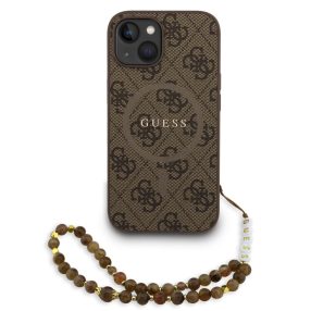   Guess PU Leather 4G Colored Ring Strap Apple iPhone 15 MagSafe tok barna színű karpánttal, barna-arany