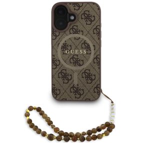  Guess PU Leather 4G Colored Ring Strap Apple iPhone 16 MagSafe tok barna színű karpánttal, barna-arany