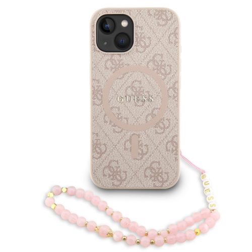 Guess PU Leather 4G Colored Ring Strap Apple iPhone 15 Pro MagSafe tok korall színű karpánttal, rózsaszín-arany