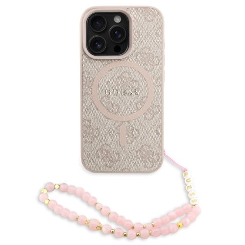 Guess PU Leather 4G Colored Ring Strap Apple iPhone 16 Pro MagSafe tok korall színű karpánttal, rózsaszín-arany