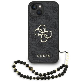   Guess PU 4G Metal Logo Strap Apple iPhone 15 hátlap tok fekete színű karpánttal, fekete-arany