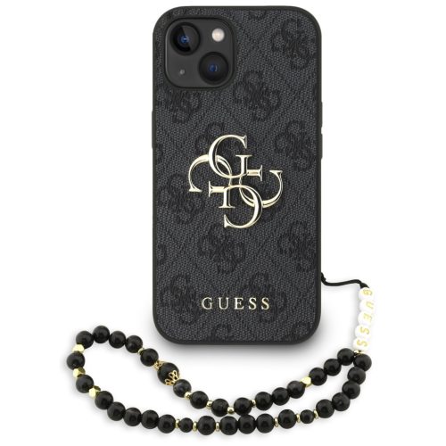 Guess PU 4G Metal Logo Strap Apple iPhone 15 hátlap tok fekete színű karpánttal, fekete-arany