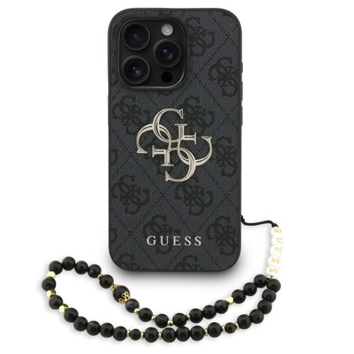 Guess PU 4G Metal Logo Strap Apple iPhone 16 Pro hátlap tok fekete színű karpánttal, fekete-arany