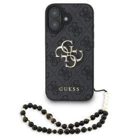   Guess PU 4G Metal Logo Strap Apple iPhone 16 hátlap tok fekete színű karpánttal, fekete-arany