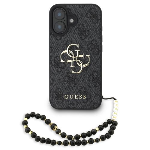 Guess PU 4G Metal Logo Strap Apple iPhone 16 hátlap tok fekete színű karpánttal, fekete-arany