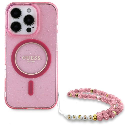 Guess IML Glitter Strap iPhone 16 Pro MagSafe hátlap tok rózsaszín színű karpánttal, rózsaszín-arany