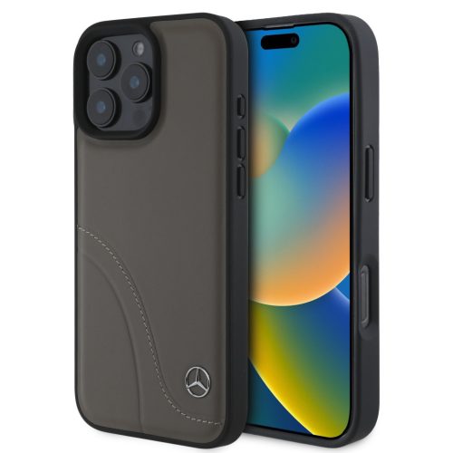 Mercedes Curved Stitches Leather Apple iPhone 16 Pro MagSafe kompatibilis tok kameravédő peremmel, barna