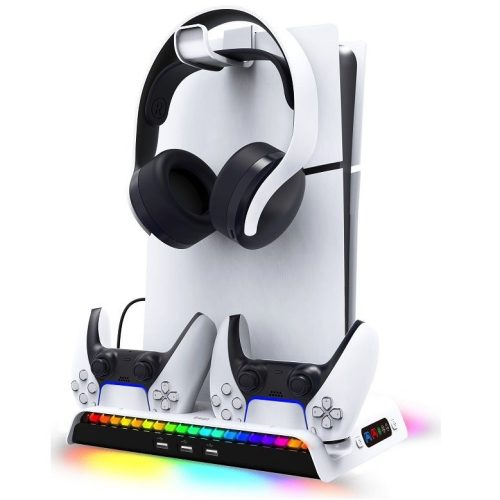 iPega P5S006 PS5 Slim konzol tartó állvány kontroller töltővel, beépített hűtéssel, RGB világítással, fehér