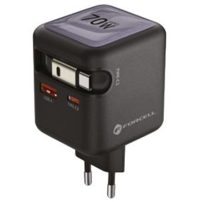   Forcell F-Energy GaN III VT-R7 USB-C-USB-A utazó töltő adapter visszahúzható USB-C kábellel, PD, QC4.0, 70W, szürke