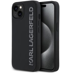   Karl Lagerfeld 3D Rubber Glitter Logo iPhone 15 csillámos hátlap tok, fekete