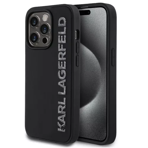 Karl Lagerfeld 3D Rubber Glitter Logo iPhone 14 Pro csillámos hátlap tok, fekete