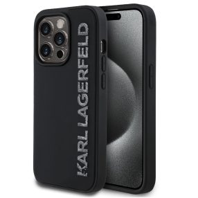   Karl Lagerfeld 3D Rubber Glitter Logo iPhone 16 Pro csillámos hátlap tok, fekete