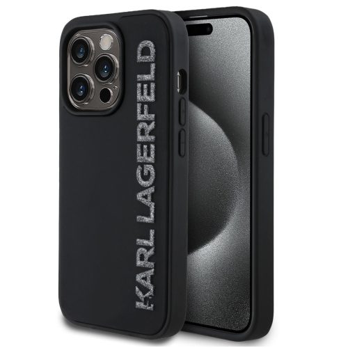Karl Lagerfeld 3D Rubber Glitter Logo iPhone 16 Pro csillámos hátlap tok, fekete