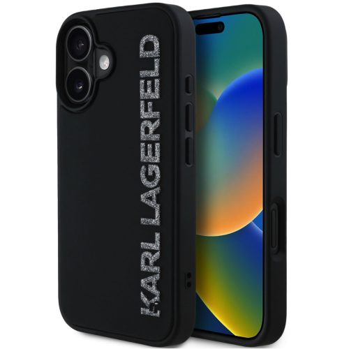Karl Lagerfeld 3D Rubber Glitter Logo iPhone 16 csillámos hátlap tok, fekete