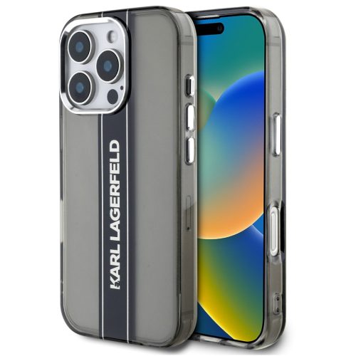 Karl Lagerfeld IML Stripe Logo iPhone 16 Pro Max tok kameravédő peremmel, fekete