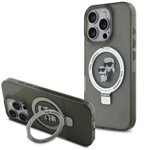 Karl Lagerfeld Ringstand Karl and Choupette iPhone 15 Pro Max MagSafe tok kitámasztóval, fekete