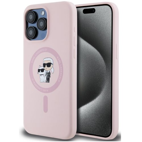 Karl Lagerfeld Liquid Silicone Karl and Choupette MagSafe iPhone 15 Pro Max hátlap tok, rózsaszín