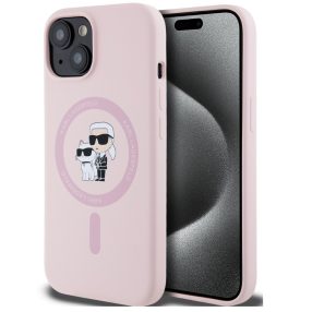   Karl Lagerfeld Liquid Silicone Karl and Choupette MagSafe iPhone 15 hátlap tok, rózsaszín