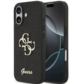   Guess PU Fixed Glitter 4G Metal Logo Apple iPhone 17 hátlap tok, fekete
