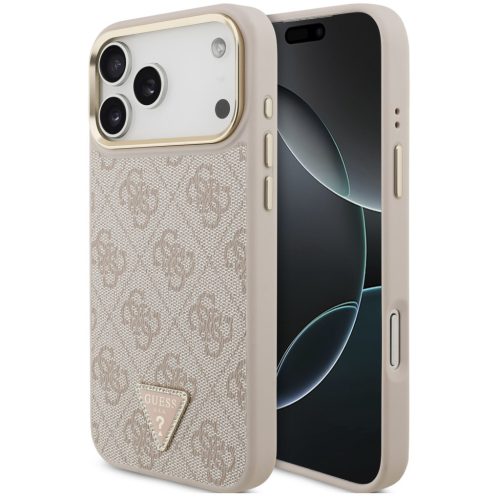 Guess PU Leather 4G Triangle Logo Gold Frame Apple iPhone 17 Pro Max MagSafe hátlap tok, rózsaszín