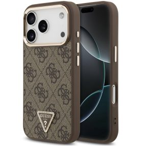   Guess PU Leather 4G Triangle Logo Gold Frame Apple iPhone 17 Pro MagSafe hátlap tok, barna