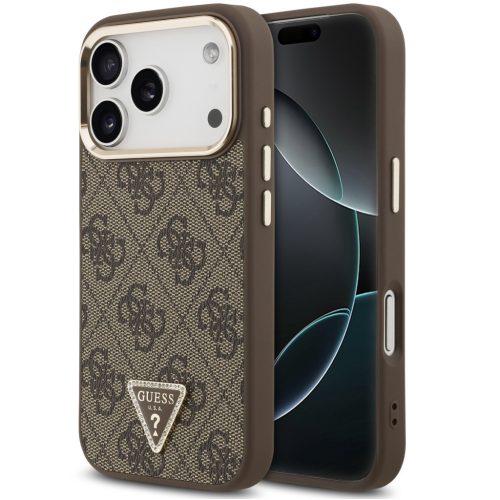 Guess PU Leather 4G Triangle Logo Gold Frame Apple iPhone 17 Pro MagSafe hátlap tok, barna