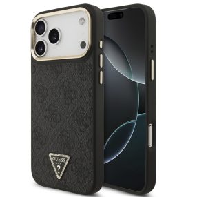   Guess PU Leather 4G Triangle Logo Gold Frame Apple iPhone 17 Pro MagSafe hátlap tok, fekete