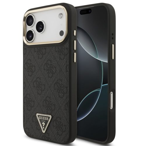 Guess PU Leather 4G Triangle Logo Gold Frame Apple iPhone 17 Pro MagSafe hátlap tok, fekete