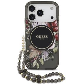   Guess IML Flowers Strap Apple iPhone 17 Pro Max MagSafe hátlap tok karpánttal, fekete