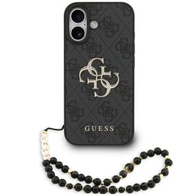   Guess PU 4G Metal Logo Strap Apple iPhone 17 hátlap tok karpánttal, fekete