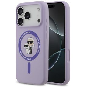   Karl Lagerfeld Liquid Silicone Karl and Choupette MagSafe iPhone 17 Pro hátlap tok, lila